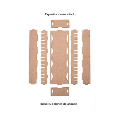 Peças desmontadas de expositor em material castanho com texto explicativo