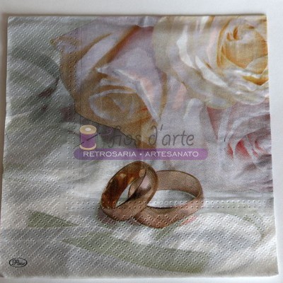 Guardanapo com rosas e anéis dourados estampados e texto Arte e Arte