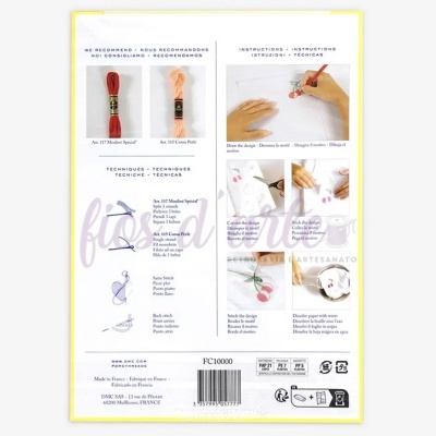 Parte traseira de embalagem de kit de bordado com fios coloridos e instruções