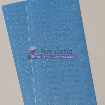 Folha azul com autocolantes em relevo prateados e autocolante com marca 'fios d'arte'