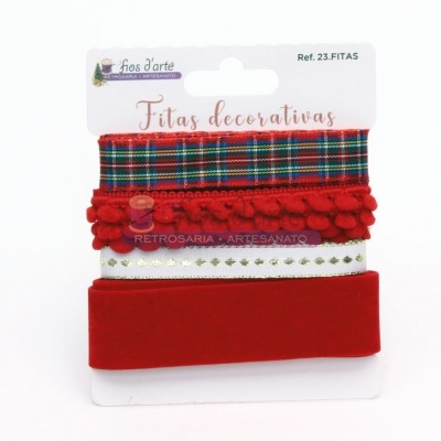 Conjunto de três fitas decorativas coloridas em embalagem branca