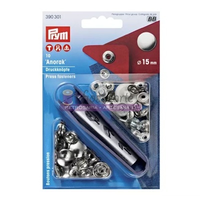 Embalagem Prym com 10 botões de pressão metálicos prateados e ferramenta de aplicação