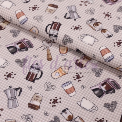 Tecido bege com padrão de utensílios e xícaras de café desenhados