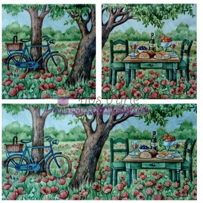 Quadros com cenas de piquenique ao ar livre com bicicleta azul, mesa verde, flores vermelhas e árvores