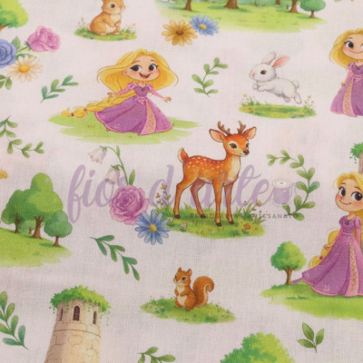 Tecido estampado com personagem loira, animais e natureza