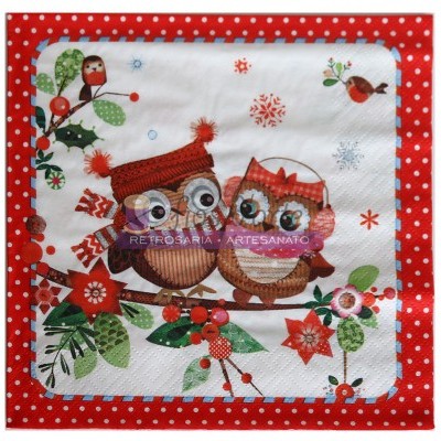 Guardanapo de papel com duas corujas e elementos natalícios coloridos