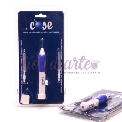 Conjunto de agulha para bordado em embalagem azul escuro