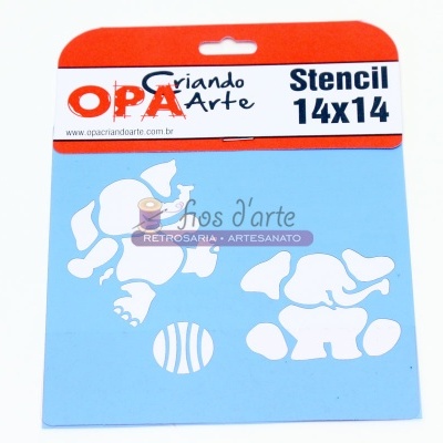 Stencil azul com desenhos de elefantes em branco numa embalagem com topo vermelho e branco