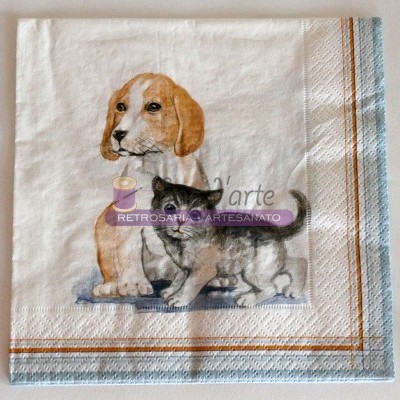 Guardanapo de papel com desenho de cão e gato e bordas coloridas
