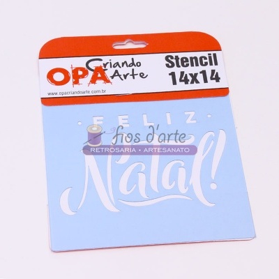 Stencil azul claro com texto 'Feliz Natal!' em branco e etiqueta colorida na parte superior