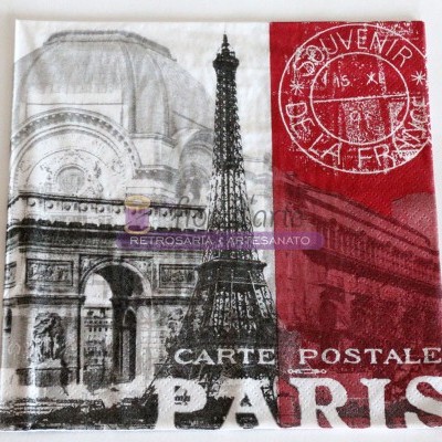 Guardanapo de papel com imagens e texto sobre Paris.