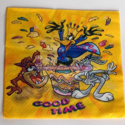 Guardanapo amarelo com desenhos animados e texto GOOD TIME