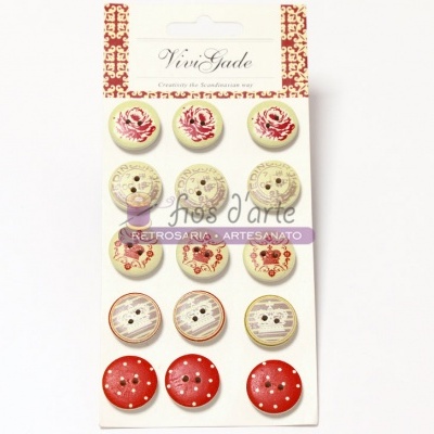 Cartela de botões decorativos redondos em madeira com padrões florais e bolinhas, embalagem Vivia Gade.