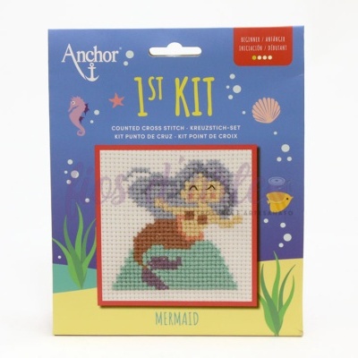 Kit de ponto cruz infantil Anchor com tema de sereia em embalagem colorida