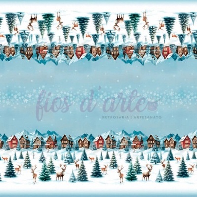 Pano de inverno com vilarejos, árvores e neve em tons de azul e branco