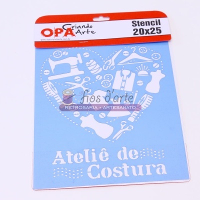 Stencil azul com desenhos brancos de costura e texto Ateliê de Costura