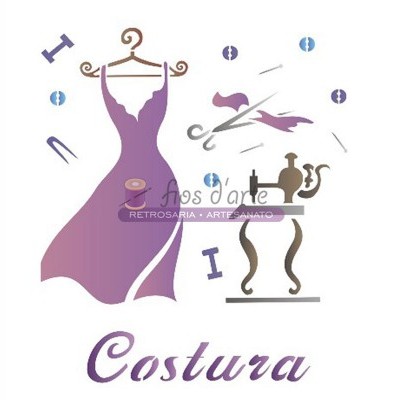 Ilustração com vestido roxo, máquina de costura e elementos de costura em tons lilás.