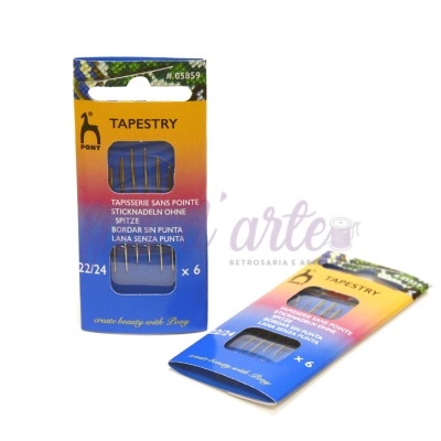 Caixa e embalagem de agulhas TAPESTRY da Pony em cores amarelo, laranja e azul.