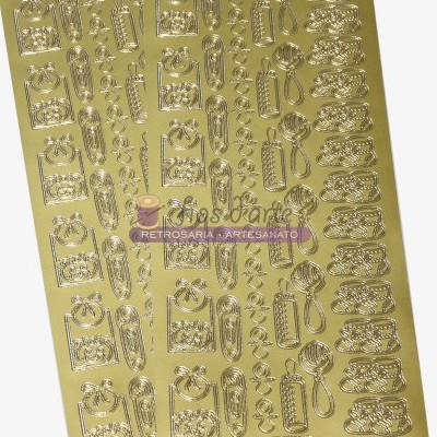 Folha de autocolantes metálicos dourados com formas de candados e chaves