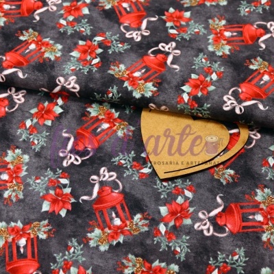 Tecido natalício cinzento escuro com lanterna vermelha e flores vermelhas