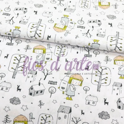 Tecido branco com estampa infantil em preto e verde com rapazes, árvores e casas.