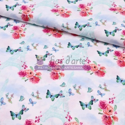 Tecido estampado com flores, borboletas e Torre Eiffel em fundo branco