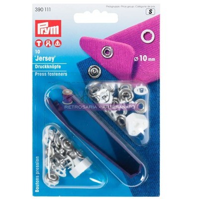 Embalagem de fechos de pressão Prym Jersey 10 mm com ferramenta azul e fundo azul e roxo.