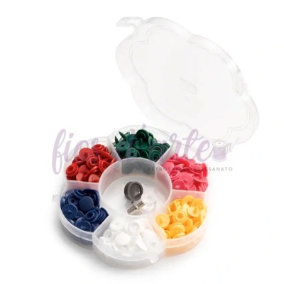 Estojo com botões de pressão coloridos em divisórias circulares