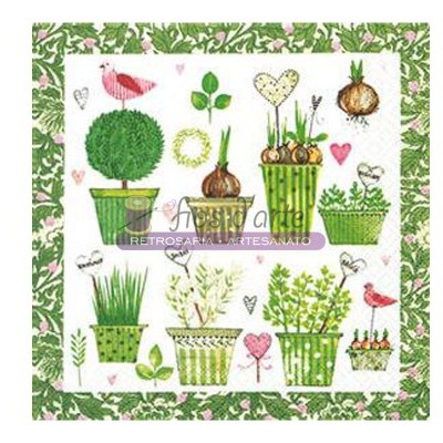 Guardanapo decorativo com ilustrações de plantas, flores, corações, patos e padrão floral verde