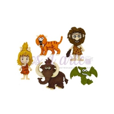 Conjunto de quatro bonecos de pelúcia pré-históricos coloridos em fundo branco