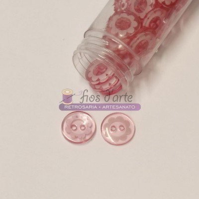 Frasco com botões cor-de-rosa translúcidos e etiqueta fios d'arte