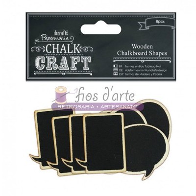 Formas de ardósia em madeira no formato de balões de fala, embalagem preta com texto