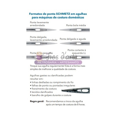 Folheto com tipos de ponta SCHMETZ para agulhas de máquinas de costura domésticas com texto explicativo