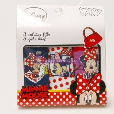 Caixa de 3 calcinhas para menina estampadas Minnie Mouse Disney com bolinhas e cores vermelho e roxo.