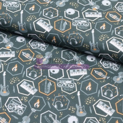 tecido estampado com desenhos musicais em fundo cinzento