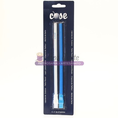 Pacote com lápis para costura azul e preto com borracha em cartolina preta com marca COSE