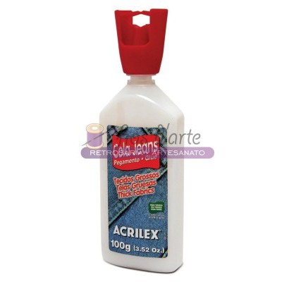 Cola para tecidos Acrilex Cola Jeans com rótulo azul e tampa vermelha