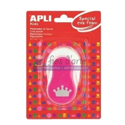 Perfurador de figuras APLI Kids rosa com coroa branca, embalagem vermelha colorida.