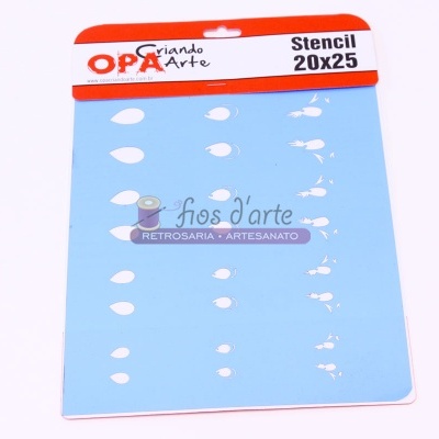 Stencil azul claro com gotas em várias direções com embalagem vermelha e branca