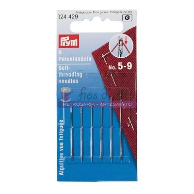 Pacote com 6 agulhas Prym autoenfiantes tamanho 5 a 9 em embalagem azul e vermelha