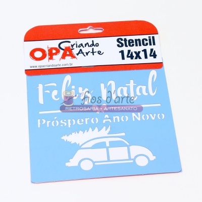 Stencil plástico azul com carro e texto de Natal, em embalagem vermelha e branca