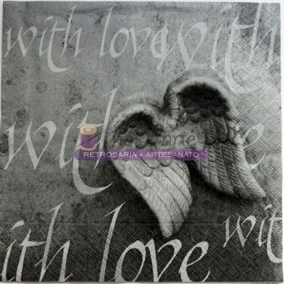 Guardanapo decorativo cinza com asas de anjo e texto 