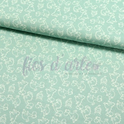 tecido verde-água com padrão de gatinhos brancos