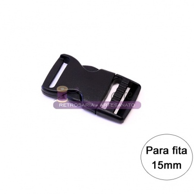 Fivela de plástico preta para fita de 15mm, com texto 