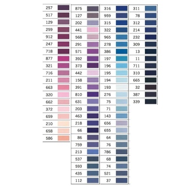 Quadro com amostras de cores em tons de roxo, rosa, azul e cinzento numeradas