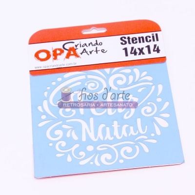 Stencil azul claro com desenho de Natal e embalagem laranja e branca