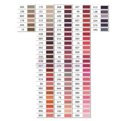 Paleta de cores organizada em colunas com números identificadores