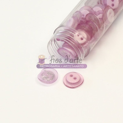 Frasco com botões redondos cor de rosa e roxo