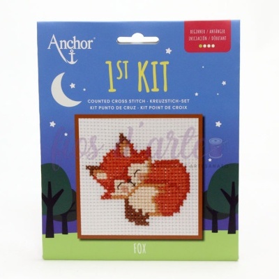 Embalagem azul de kit de bordado com imagem de raposa