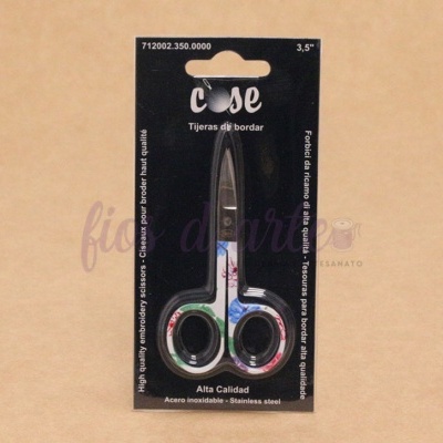 Tesouras de bordar com cabo colorido em embalagem preta